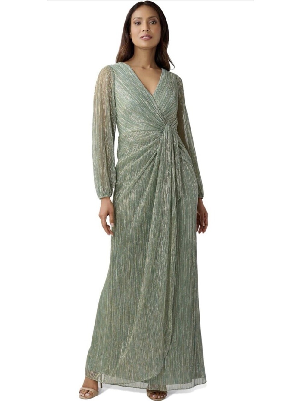 Adrianna Papell Metallic Mesh Draped Gown Size 14 Green Slate NWT $175